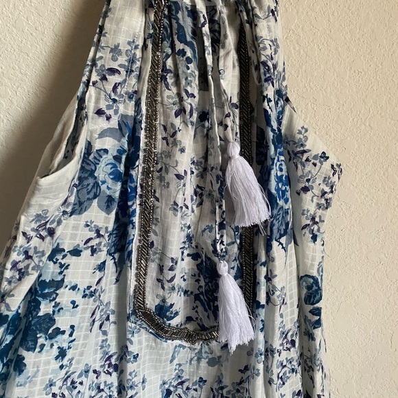 MIRA PIERINA FLORAL SILVER EMBROIDERY TASSEL TIE SHORT BOHO BEACH DRESS SIZE M - Picture 5 of 13